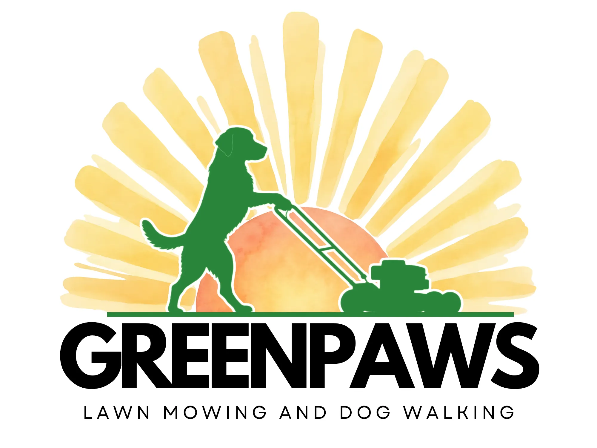 GreenPaws logo — a dog pushing a lawn mower in front of a rising sun