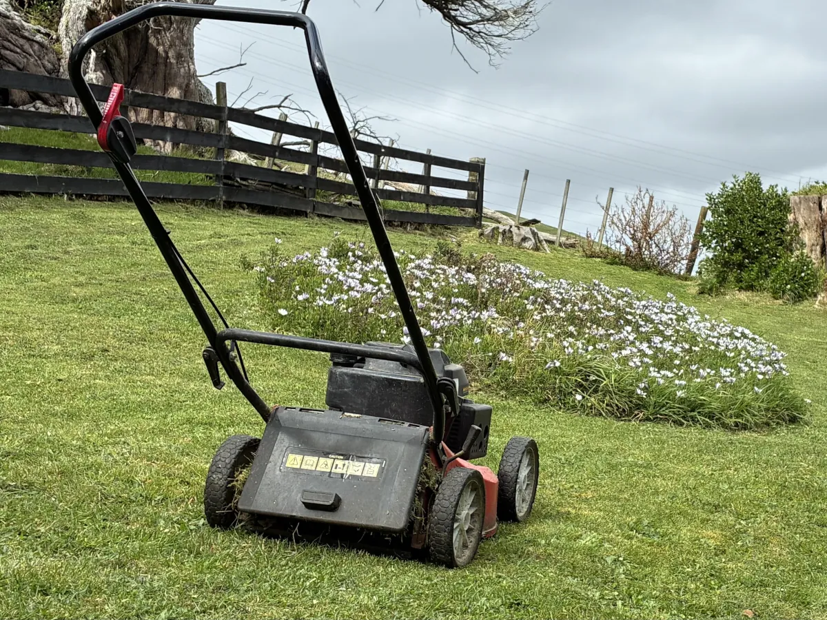 Lawn mower on a freshly mown lawn